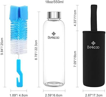 BELICOO BPA-Free Glass Water Bottle 550ml/18oz Borosilicate Leak Proof Portable for School Office Home Travel Sport Yoga Gym Hot Cold Drinks with Neoprene Carrying Sleeve and Nylon Bottle Brush