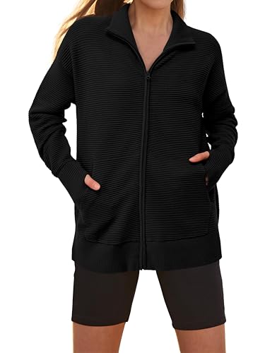 Image of PRETTYGARDEN Womens Long Sleeve Zip Up Ribbed Cardigan Sweaters