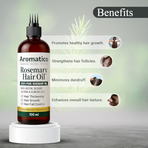 Image of AROMATICO Rosemary Hair Oil for Hair Growth & Hair Fall Control - Rosemary Oil for Hair Thickening & Scalp Health | Sesame, Jojoba & Almond | Starter Size | 100ml