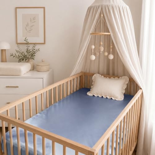 Image of 2 Pack Satin Crib Sheets for Baby Hair Care - Oeko-TEX Certified Silky Soft Fitted Mattress Cover 28x52 - Breathable & Gentle on Skin, Snug Fit for Standard Crib (Light Blue & Haze Blue)