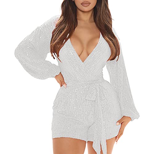 SLENDIPLUS Macacão feminino de manga comprida com lantejoulas e gola V slim fit body de festa sexy c