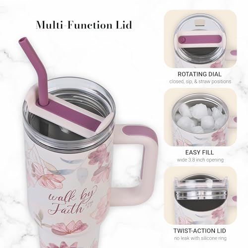Image of Christian Art Gifts 40 oz Tumbler for Women: 2 Corinthians 5:7 Bible Verse, Stainless Steel, Insulated Travel Mug with Lid, Reusable Straw & Flex Tip, White & Pink Floral, Encouraging Gift for Women