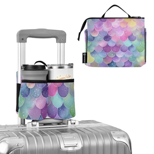 Image of Luggage Cup Holder for Suitcases Free Hands Suitcase Cup Holder Travel Luggage Drink Holder Portable Luggage Cup Caddy Bag Carrier with Handle Watercolor Mermaid Scales Colors