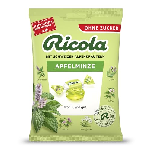 Ricola Apfelminze 75g Beutel original Schweizer Kräuter-Bonbons mit 13 Schweizer Alpenkräutern & natürlicher Apfelminze zuckerfrei 1 x 75g vegan