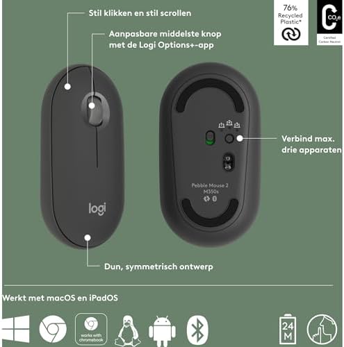Logitech M350s Pebble Mouse 2 İnce Bluetooth Kablosuz Mouse, Taşınabilir, Hafif, Özelleştirilebilir Tuş, Sessiz Tıklama, Windows, macOS, iPadOS, Android, Chrome İşletim Sistemleri, Easy-Switch, Siyah - Görsel 4