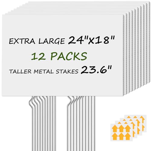 Lxmlwin Large Blank Yard Signs with Metal Stakes 18x24 Inch, 12 Pcs Waterproof Corrugated Plastic Board Custom Yard Sign with Arrows Stickers for Open House Garage Sale Birthday Lawn Decorations