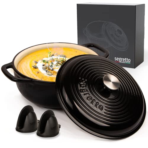 Segretto Cookware Enameled Cast Iron Dutch Oven with Handle, 6 Quarts, Nero (Black) Enameled Cast Iron Dutch Oven 6qt | Dutch Oven Wedding Gift | Enamel Cast Iron Cookware | Comes with Silicone Pot Holders