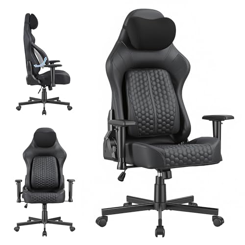 Devoko Chaise Gamer Fauteuil Gamer Ergonomique Siège Gaming Assise Large Soutien Lombaire Actif Accoudoirs 2D Rembourrage Haute Densité 200kg,Noir