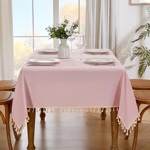 JIALE Valentines Textured Tablecloth, Heavy Duty Linen Style Farmhouse Table Cloth Rectangle Tables, Wrinkle-Free Washable Waterproof Table Cover for Kitchen, Dining, Parties, 55"x75", Pink