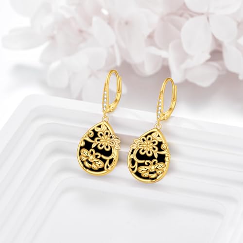 Image of LUHE Bee Earrings for Women 925 Sterling Silver Bumble Earrings with Honeycomb Honeybee Jewelry Dangle Gifts for Women