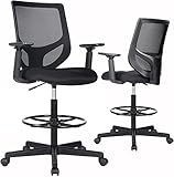 Drafting Chair Tall Office Chair, High Office Mesh Chair, Ergonomic Computer Rolling Chair, Standing Desk Stool with Adjustable Armrests and Foot-Ring