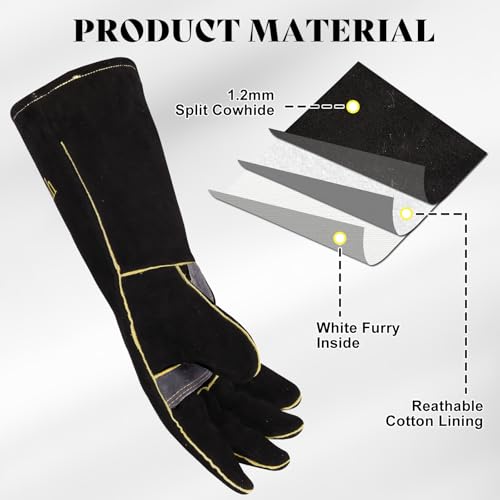 iuhkjnuh Leather Oven Gloves for Women Man, Heat Resistant Fire Long Sleeve Gloves for Tig Mig Stick BBQ Fireplace Animal Handling (16in) - Thumbnail 3