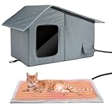 Weatherproof Heated Cat Houses for Outdoor Cats - Insulated Cat Shelter for Winter with Thermostatic Heating Pad and Escape Door, Warm Outside Pet House Gift for 1 Feral Cats (Small)