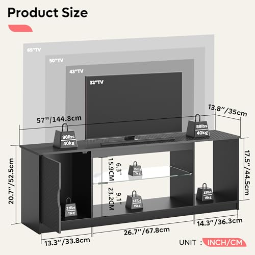 Meuble TV LED 145 cm, étagères verre, noir Bestier