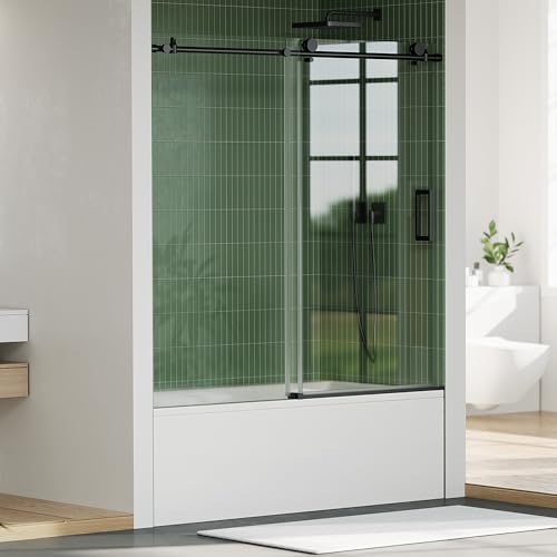 Image of 56-60 inch W x 59 inch H Frameless Sliding Shower Door, 1 /4 inch (6mm) SGCC Tempered Glass with Explosion-Proof Film, Round Rail Design & 304 Stainless Steel Hardware, Easy-Clean Matte Black Finish