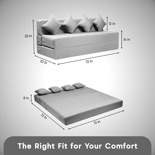 Image of Amazon Brand - Solimo 4 Seater 6 * 6 Jute Fabric Washable Cover Sofa Cum Bed with 4 Cushions 4 Seater Double Foam Fold Out Sofa Cum Bed (Finish Color - Light Grey Delivery Condition - Pre-Assembled)