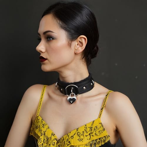 NouAn Punk choker leather Collar for women with Lock Bell O-ring Adjustable gothic Leather Choker Necklace Collar for Women Black3