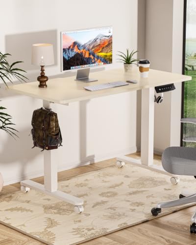 Image of Okin Standing Desk Electric Adjustable Computer Whole Piece Stand up Desk with Wheels Office Gaming Home Office Memory Desks 48x24 inches Cream Brown