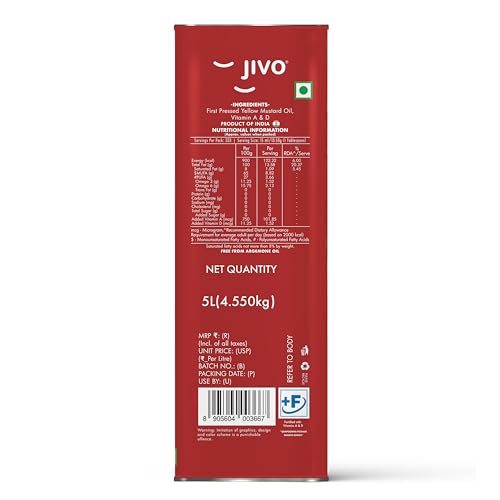 Image of JIVO First Pressed Yellow Mustard Oil 5L | Pili Sarson Oil for Cooking | Chemical-Free Edible Oil for Deep Frying & Roasting | Omega-3 PUFA, Tocopherols & Added Vitamins A & D for Diverse Cuisines-