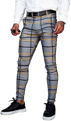 GINGTTO Casual Pants for Men Slim Fit Stretch Suit Pants for Men Plaid Skinny 34