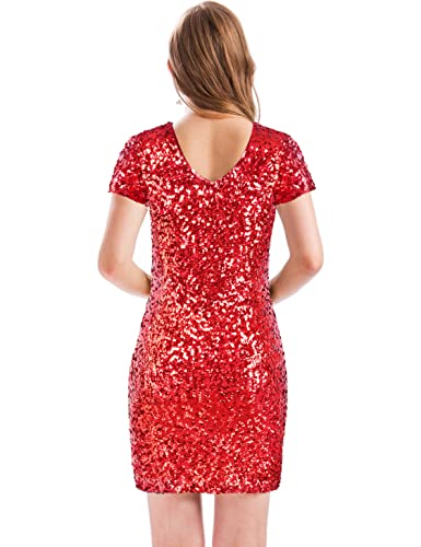 Image of MANER Women's Sequin Glitter Short Sleeve Dress Sexy V Neck Mini Party Club Bodycon Dresses