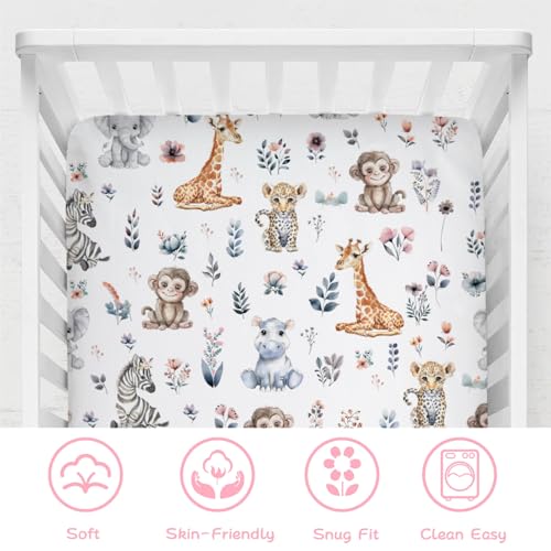 Image of Jungle Safari Animals Boho Floral Baby Crib Sheets 52''x28'' Leopard Elephant Giraffe Zebra Hippo Monkey Stretchy Fitted Crib Mattress Cover for Boy Girl Bed Sheet for Standard Crib Toddler Mattress