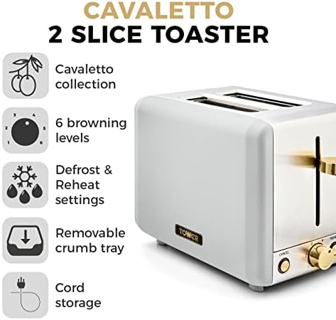 Tower T20036WHT Cavaletto 2-Slice Toaster with Defrost/Reheat, Stainless Steel, 850W, Optical White and Champagne Gold