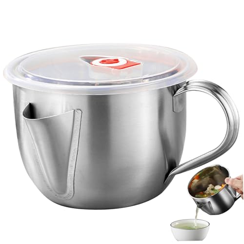 OnIUeZky Fat Separator Jug 1L Food Grade Stainless Steel Gravy Separator Jug with Lid and Handle 2 Outlets Bacon Grease Container for Kitchen Supplies.