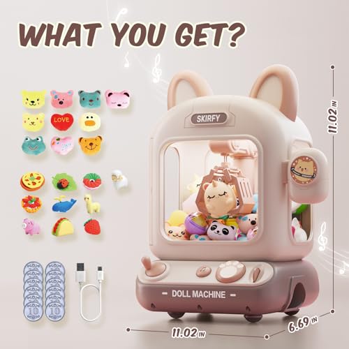 Skirfy Mini Claw Machine for Kids,Vending Machine, Prize Dispenser Toys for Girls and Boys, Electronic Arcade Game for Party Birthdays Includes 32 Mini Toys(Brown)