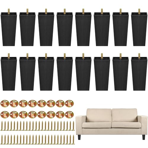 TURSTIN 16 Pack 5.7 Inch Furniture Legs Plastic Sofa Couch Legs Square Tapered Feet Sofa Legs with M8 T-Nuts Screws for Legs Sofas Chairs Cabinets Dressers Beds Black