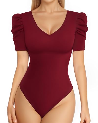 MANGOPOP Women's V Neck Puff Sleeve Short Sleeve Bodysuit,Burgundy,XXL