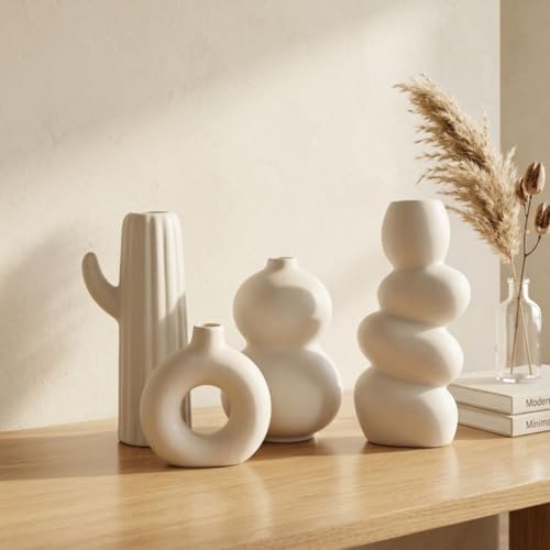 Image of Modern Ceramic Vase Set of 4 | Nordic Minimalist Donut, Bubble, Twisted & Cactus Design Decorative Flower Vases | Matte White Home Decor for Living Room, Center Table & Shelf