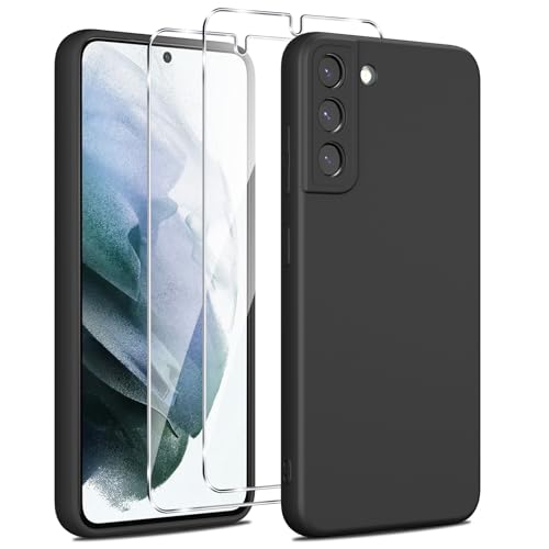 Olgary Silikon Hülle für Samsung Galaxy S21 5G Hülle 1 Handyhülle mit 2 Stück Panzer Schutz Glas Weiche TPU Slim Case Militärischer Schutz Kratzfest Stoßfest Schutzhülle Cover Schwarz