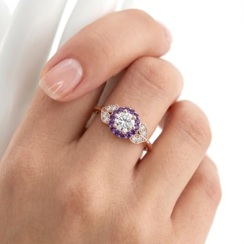 Image of Rose Gold Plated Diamond CZ & Blue Sapphire Petal Halo Engagement Ring for Women, Petite Round Shape Wedding & Everyday Jewelry, Handmade Gift for Wife US Size 4-12