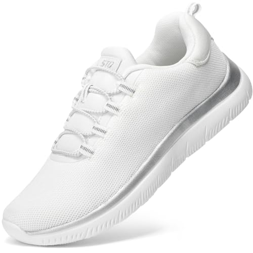 STQ Running Shoes Women Slip Resistant Workout Sneakers Comfortable Cushioning Memory Foam Walking Shoes with Arch Support Dark White Silver US 9.5