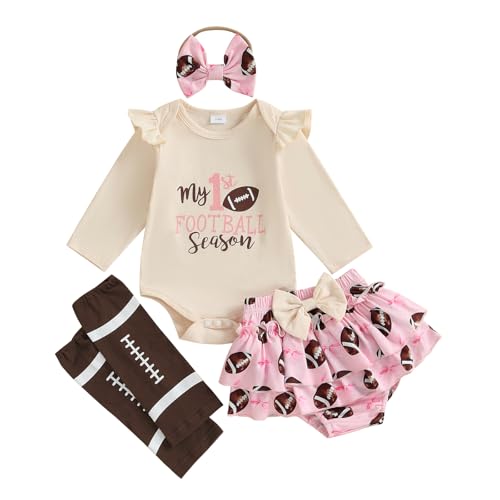 My 1st Football Season Baby Girl Outfit Ruffle Long Sleeve Romper Rugby Skirt Shorts Set Leg Warm Headband