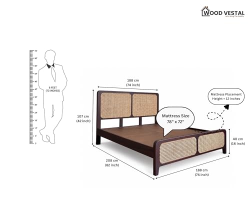 Image of Wood Vestal Sheesham Wood Bed with Cane Rattan Headboard & Footboard, Solid Wood in Walnut Finish, Modern Design | King Size - (78 inchx72 inch) | Without Mattress & Side Tables | Low Highted | CN - 6' - D