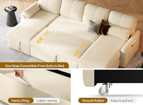 DWVO 105" Sectional Sofa Couch, 2 in 1 Sleeper Sofa Bed with Reversible Storage Chaise Pull Out Bed, U-Shape Sofa Bed for Living Room, Side Storage Pocket, Teddy Fleece, Beige