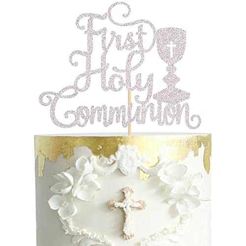 1 PCS First Holy Communion Cake Topper Glitter Baby Baptism Christening Cake Pick God Bless Cake Decorations for First Communion Theme Baby Shower Birthday Party Supplies Silver