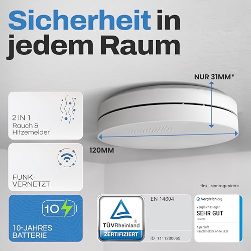 ALPENLUFT Rauchmelder Funk Vernetzt 10 Jahre Batterie, Rauchwarnmelder & Hitzemelder 2in1,...