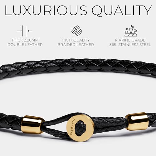 Elegatto Uno Premium Braided Leather Bracelet for Men | Full-Grain Leather with 18k Gold-Plated Stainless Steel Closure | Men’s Designer Bracelets | Gold Small by Elegatto - Image 3