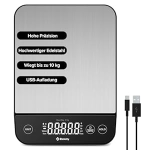 Etekcity Küchenwaage, Küchenwaage Digital 1g genau, 10kg Kitchen Scale mit LED-Display, Tare-Funktion, USB-Aufladung, Präzisionswaage für Küche, Edelstahl - 10KG - 1g -Edelstahl-Schwarz