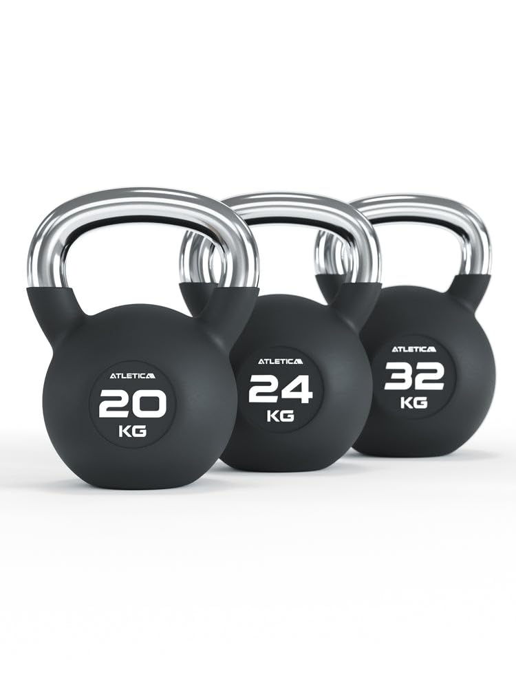 ATLETICA Zestaw Kettlebell | Finisher | 20, 24, 32 kg | gumowane hantle kulkowe z chromowanym uchwytem | wysokiej jakości stop stali | jakość studyjna | trening funkcjonalny całego ciała