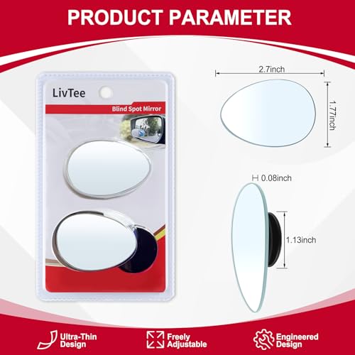 Image of LivTee Blind Spot Mirror, Oval HD Glass Frameless Convex Rear View Mirror with wide angle Adjustable Stick for Cars SUV and Trucks, Pack of 2