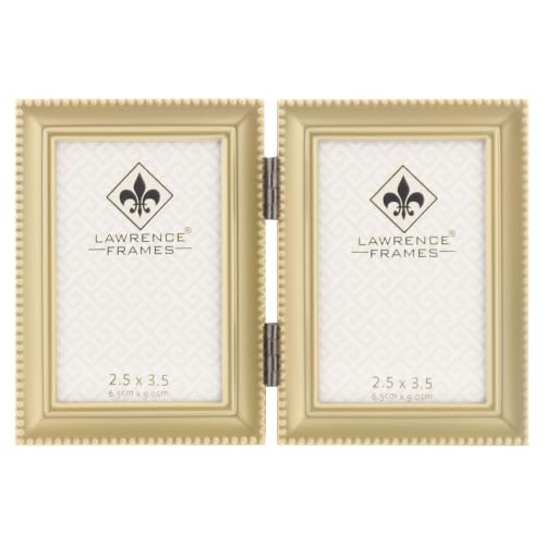 Lawrence 11423D Brushed Brass Hinged Double 2.5x3.5 Picture Frame-Beaded Edge Design