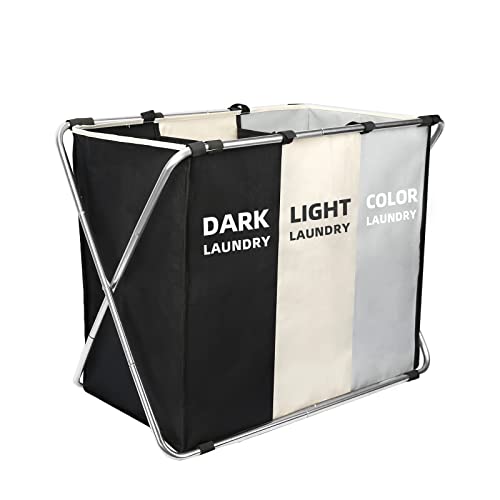 Laundry Cloth Hamper Sorter Basket Bin Foldable 3 Sections with stainless steel Frame Washing Storage Dirty Clothes Bag for Bathroom Bedroom Home Storage Basket(3 Liner, White+grey+black)