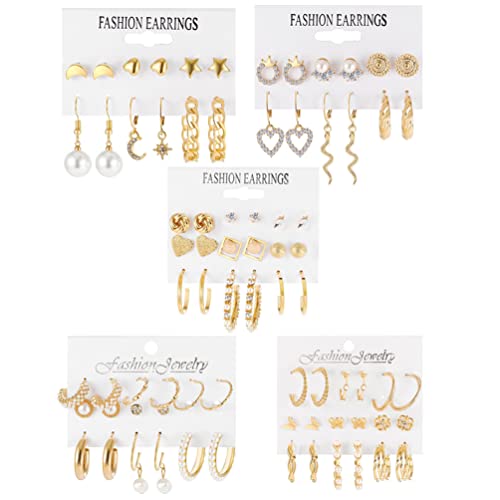 Pearl Chain Earring Set 39 Pieces Creative Love Moon Pentagram Flower Stud Earrings #TOP9