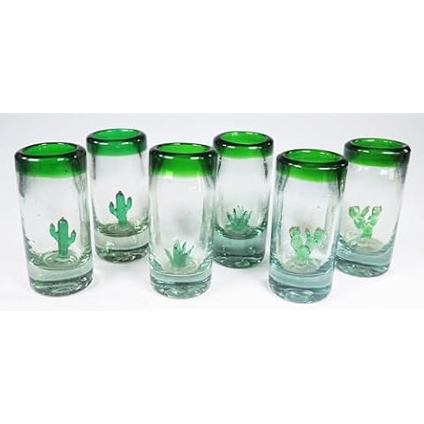 Eye4Art Mexican Tequila Shot Glasses, Dos Three Amigos Agave, Saguaro, Prickly Pear Cactus, with Green Rim, Mexico Set of 6 Cover