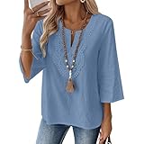 Coastal Grandma Clothes Embroidered Tops for Women Linen Peasant Blouses 3/4 Sleeve Boho Cotton Shirts Dark Blue XXL