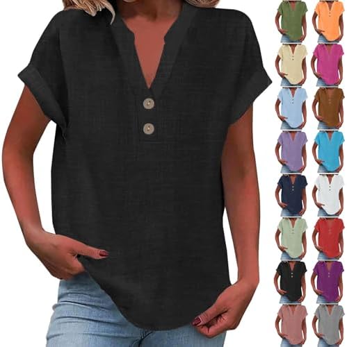 Summer Tops for Women 2025 Casual Short Sleeve Cotton Linen Shirts Button V Neck Tunic Blouse Beach Vacation Clothes Summer Tops for Women 2025 Casual Short Sleeve Cotton Linen Shirts Button V Neck Tunic Blouse Beach Vacation Clothes